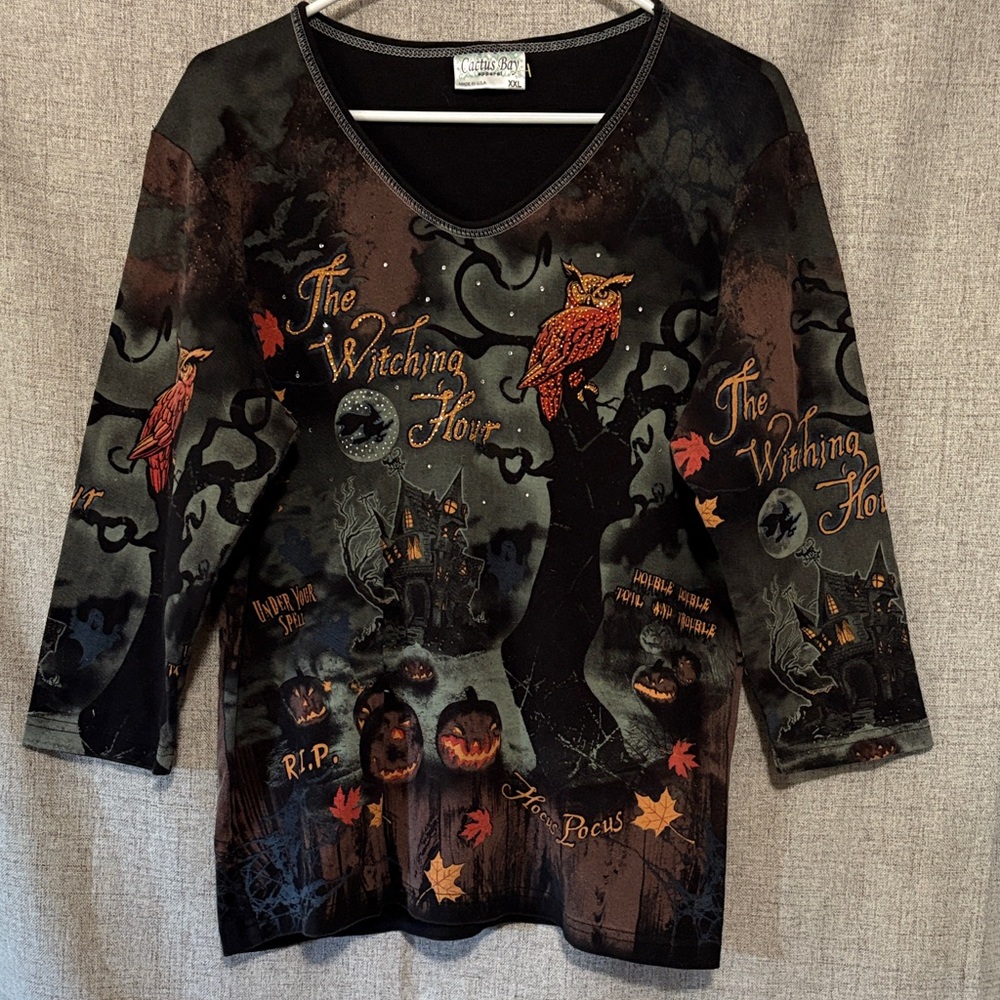 Cactus Bay Halloween The Witching Hour Haunted House Rhinestone V-Neck T-Shirt